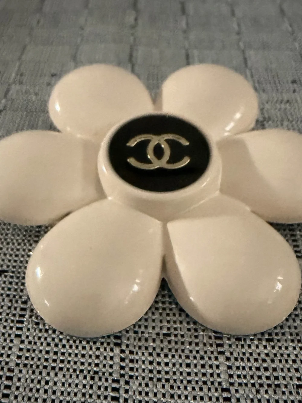 Chanel Flower Brooch in Cream with Black & Gold Logo